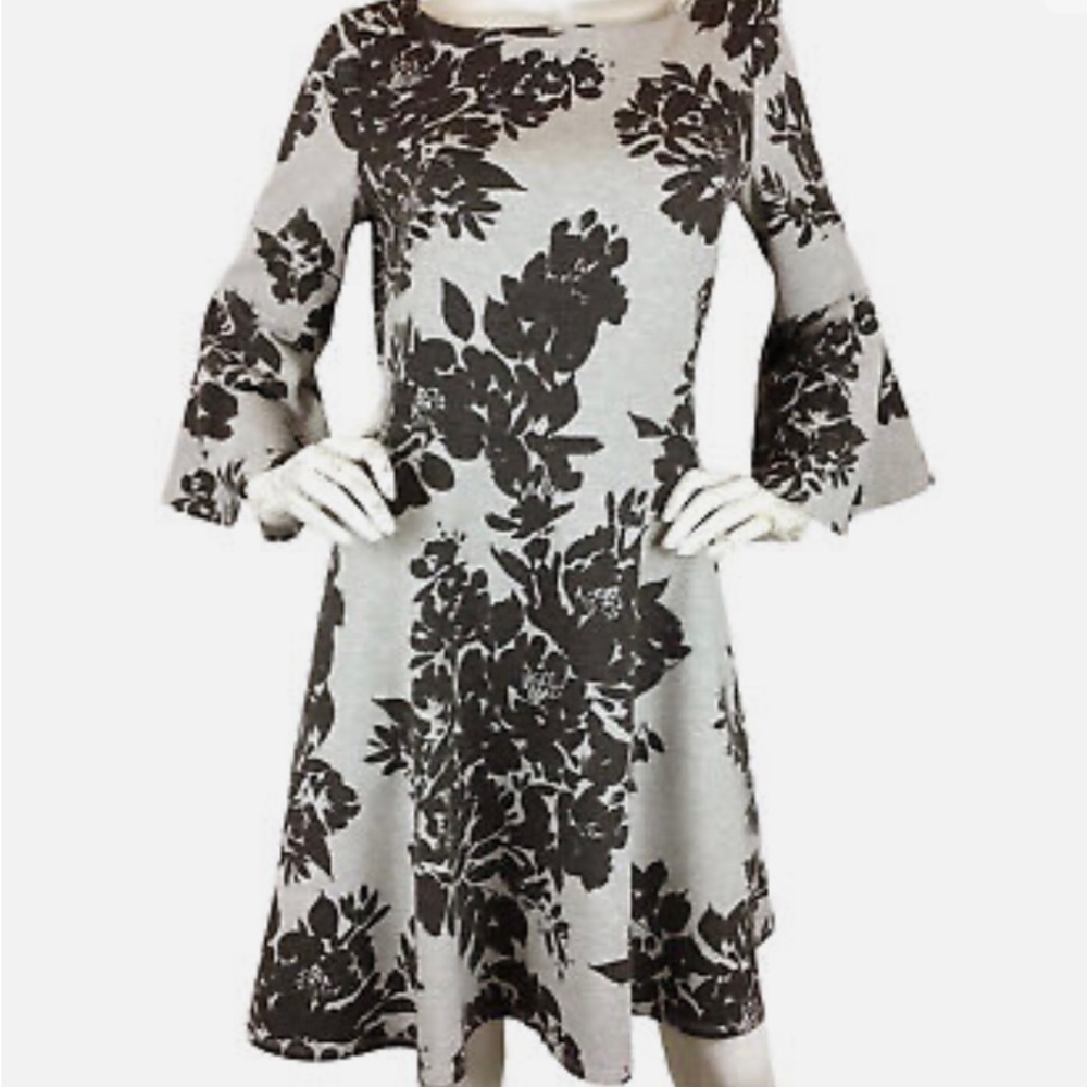 Vince Camuto Long Bell Sleeve Grey & Black Floral Dress
